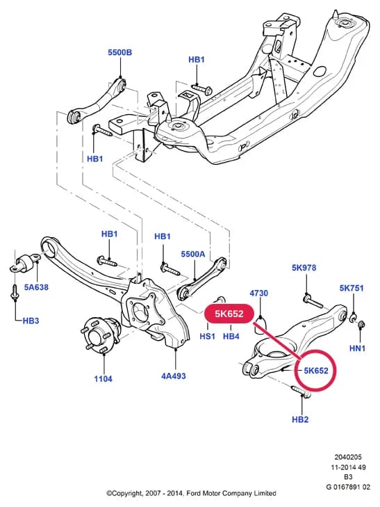 Arm Assy - Rear Suspension; 1.6L Duratorq TDCi (110PS) - DV6; 1.6L Duratorq TDCi (90PS) - DV6; 1.6L Duratec-16V Ti-VCT (115/120PS); 1.8L Duratorq-DI HPCR (115PS) Lynx; 1.6L Duratorq TDCi (100PS) - DV; 1.8L Duratec-HE PFI FFV(125PS) MI4; 1.8L Duratec-HE PFI (125PS) - MI4; 1.6L Duratec 16V PFI (100PS) Sigma; 1.6L Duratec 16V Ti-VCT(115PS)Sigma; With Standard Suspension — 2 Chassis — 20402 Chassis.Rear Cross Member / Knuckle & Hub › 2040205 Rear Knuckle And Suspension Arms