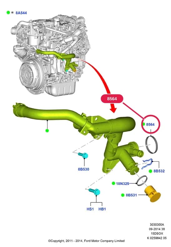 3 Powertrain — 30303 Powertrain.Engine Cooling › 3030300A Water Manifold And Hoses; 1.5L SOHC DI TC I4 DIESEL