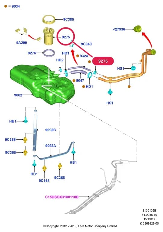 Sender And Pump Assy; Fiesta 2012-; 1.5L SOHC DI TC I4 Diesel DV5 — 3 Powertrain — 31001 Powertrain.Fuel System - Tank & Lines › 3100105B Fuel Tank & Related Parts; 1.5L SOHC DI TC I4 DIESEL