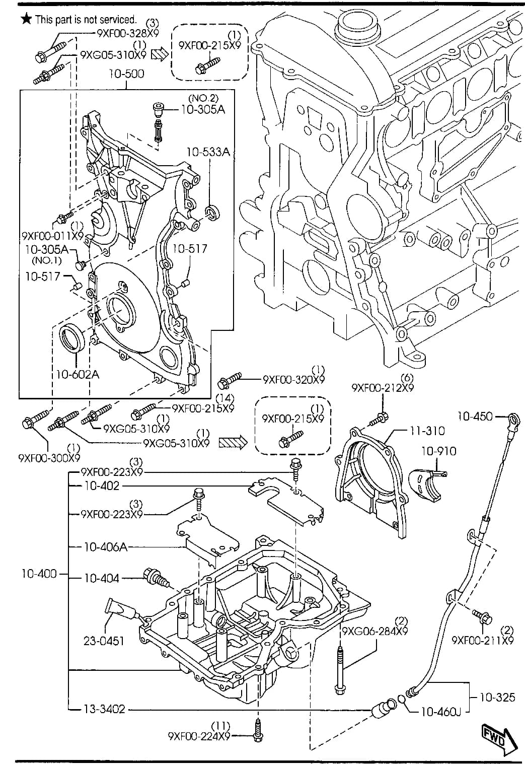 2004 MAZDA6 — GASOLINE-ENGINE 4-CYLINDER TRANSMISSION › 1040A  - OIL PAN & TIMING COVER (2300CC)