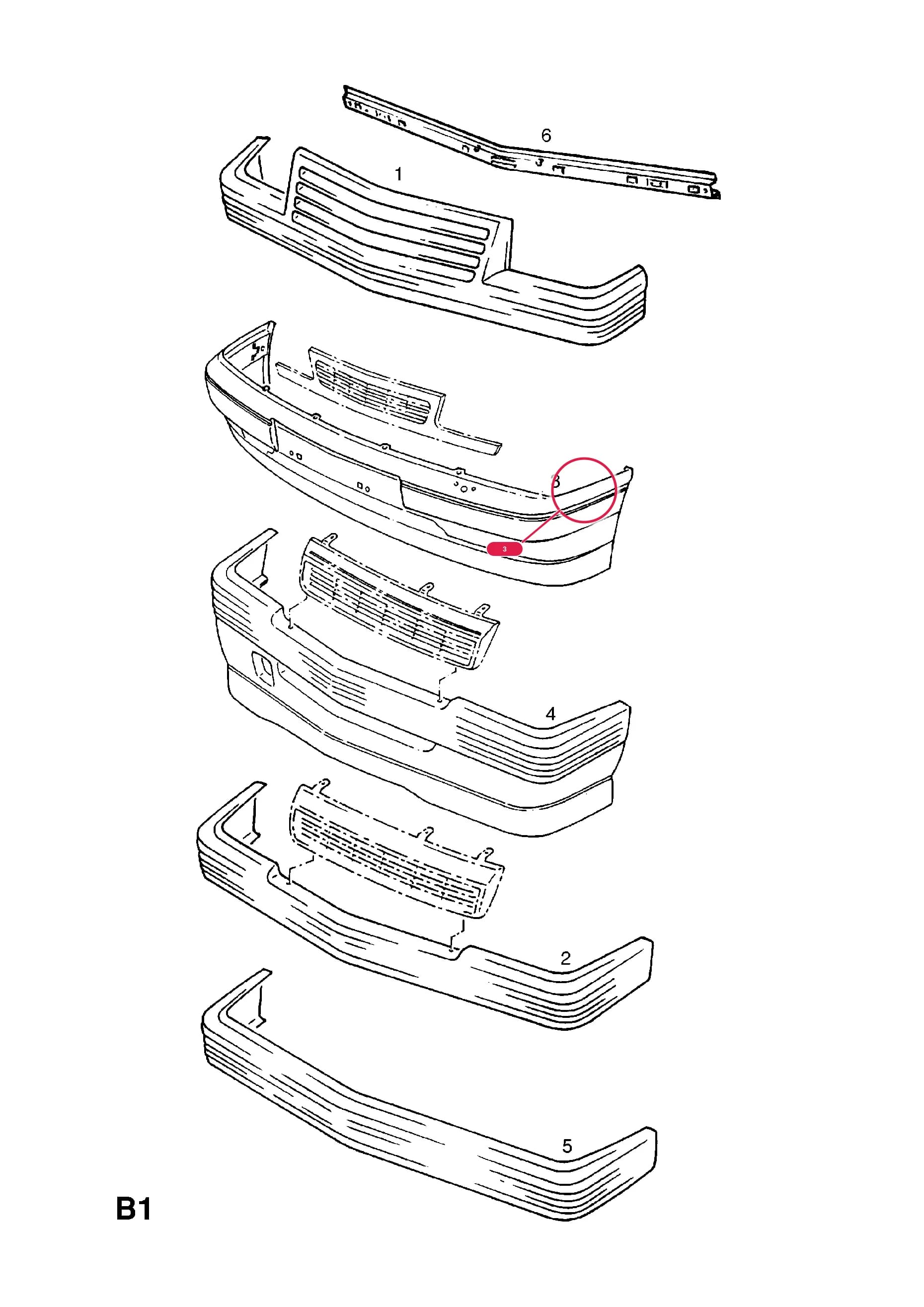 BUMPER,ASSY.,FRONT,GREY (LESS CARRIER) (NLS.- NO REPLACEMENT PART) — Opel  CORSA-A ( 1983 -  1992) — B BODY EXTERIOR FITTINGS › 1 BUMPERS