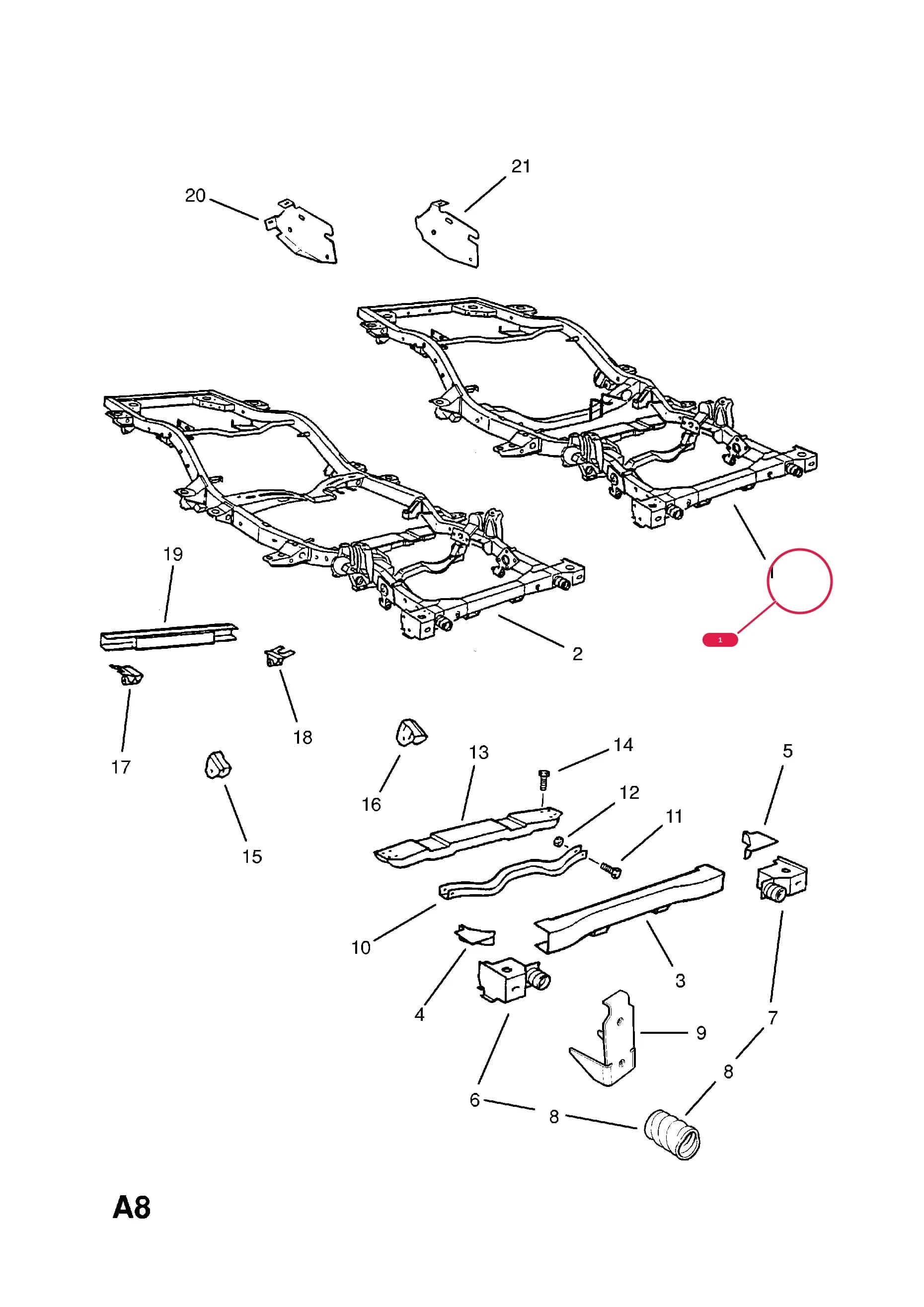 FRAME,ASSY.,CHASSIS (NLS.- NO REPLACEMENT PART)Примечание:WHEN USED TO REPLACE THE EARLIER FRAME ASSY. THE ORIGINAL NUDGE BAR MUST ALSO BE REPLACED — Opel  FRONTERA-A ( 1992 -  1998) — A BODY SHELL AND PANELS › 3 CHASSIS FRAME
