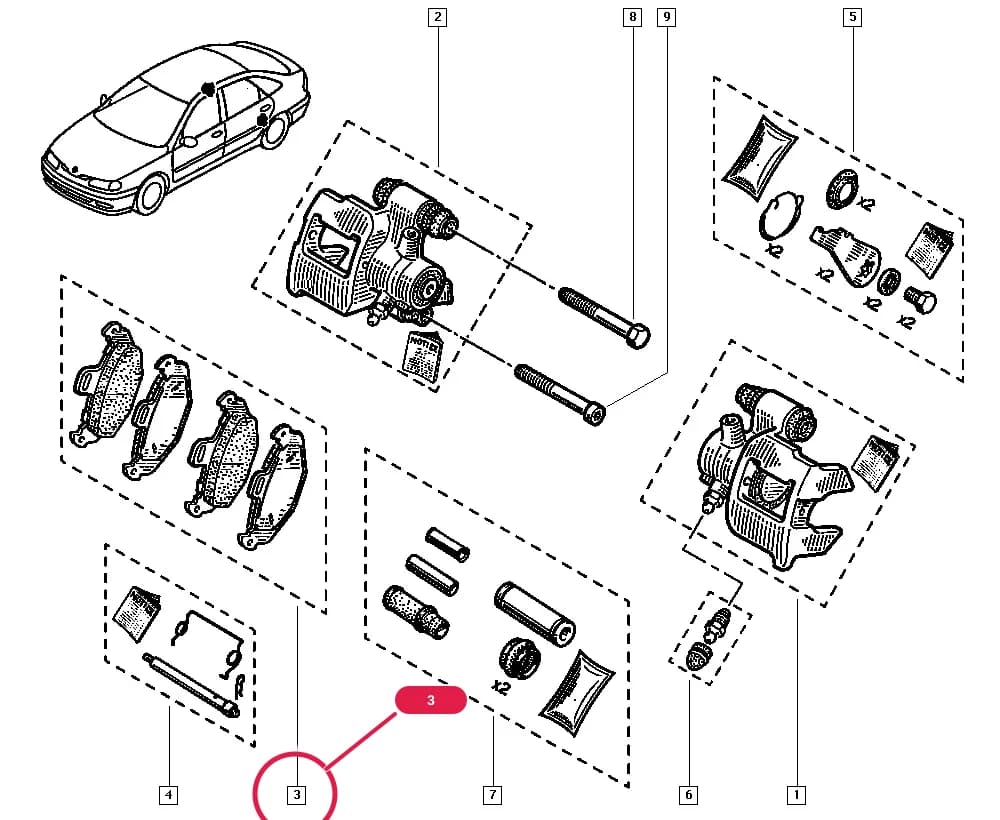 Vehicle fabrication number >= 970127, Equipment level = E5; Additional to equipment level = LCL, Equipment level = E3; Equipment level = E5; Additional to equipment level = IMA, Equipment level = E3; Vehicle fabrication number >= MOD9909, Anti-lock braking system = Yes, Type of climate = Extreme cold climate; Vehicle fabrication number >= MOD9909, Anti-lock braking system = Yes, Type of climate = Extreme cold climate, Equipment level = E1 or Equipment level = E2; Vehicle fabrication number >= MOD9909, Anti-lock braking system = Yes, Type of climate = Extreme cold climate, Additional to equipment level = EXE or Additional to equipment level = SAN913, Equipment level = E3; Vehicle fabrication number >= MOD9909, Type of climate = Extreme cold climate; Vehicle fabrication number >= MOD9909, Type of climate = Extreme cold climate, Equipment level = E2 or Equipment level = E3 or Equipment level = E5; Vehicle fabrication number >= MOD9909, Type of climate = Extreme cold climate, Additional to equipment level = AZE or Additional to equipment level = SAN913, Equipment level = E3; Vehicle fabrication number >= MOD9909, Type of climate = Extreme cold climate, Additional to equipment level = SAN913, Equipment level = E3; Motrio alternative offer for Renault vehicles over 5 years old and Dacia vehicles over 3 years old = Yes — 556B — Manual › 34 Rear non-bearing elements / Brake calipers