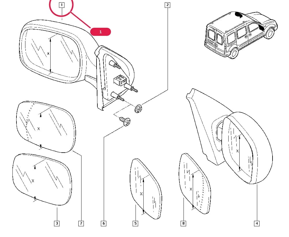 Vehicle fabrication number < MOD0303, Steering wheel location = Right, Special technical features code. = \8/ or Special technical features code. = \29/ or Special technical features code. = \26/ or Special technical features code. = \5/ or Special technical features code. = \28/ or Special technical features code. = \36/ or Special technical features code. = \45/ or Special technical features code. = \46/ or Special technical features code. = \50/ or Special technical features code. = \51/ or Special technical features code. = \0/, Driveability = 4x2, Type of door mirrors = RETREC-Electric body-coloured or Type of door mirrors = RETROE-Electric or Type of door mirrors = RET02-Door mirrors 02; Vehicle fabrication number < MOD0309, Steering wheel location = Right, Driveability = 4x4, Type of door mirrors = RETREC-Electric body-coloured or Type of door mirrors = RETROE-Electric or Type of door mirrors = RET02-Door mirrors 02; (X) dimension = 125 — FC01 — Bodywork › 56 Various external accessories / Internal and external rear view mirrors