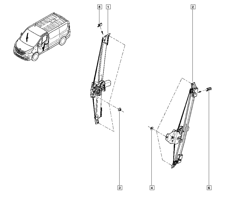 NFAB = V, Steering wheel location = Left, Front electric window type = LVAVIP-Driver - anti-pinch one-touch / Passenger - anti-pinch one-touch; NFAB = S, Steering wheel location = Left, Front electric window type = LVAVIP-Driver - anti-pinch one-touch / Passenger - anti-pinch one-touch; NFAB = V, Front electric window type = LVAVEL-Driver - single electric / passenger - single electric; NFAB = S, Front electric window type = LVAVEL-Driver - single electric / passenger - single electric — EGMG — Bodywork › 50 Mechanisms / Electric windows