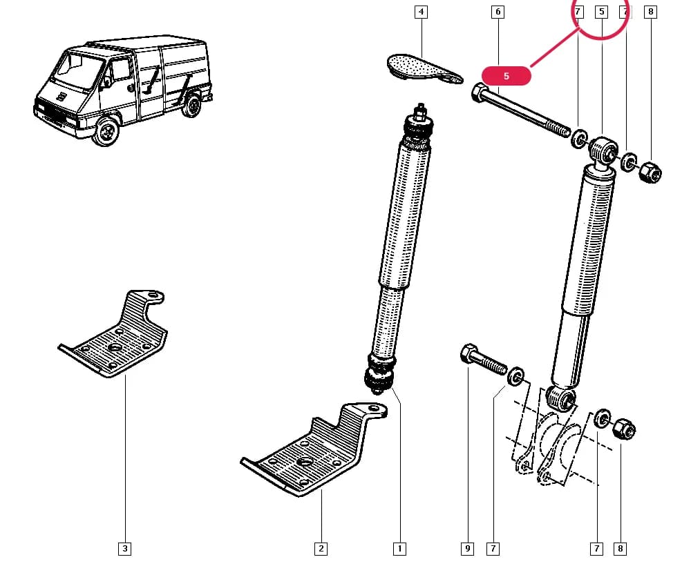 Vehicle fabrication number < MOD9407, Capacity = 3500KG, Commercial vehicle wheelbase = EMP320, Transport type. = Open-backed; Vehicle fabrication number < MOD9407, Capacity = 3500KG, Commercial vehicle wheelbase = EMP380, Transport type. = Open-backed; Vehicle fabrication number >= MOD9407, Open-type transport = Platform cab, Transport type. = Open-backed — R8D4 — Manual › 34 Rear non-bearing elements / Shock absorber