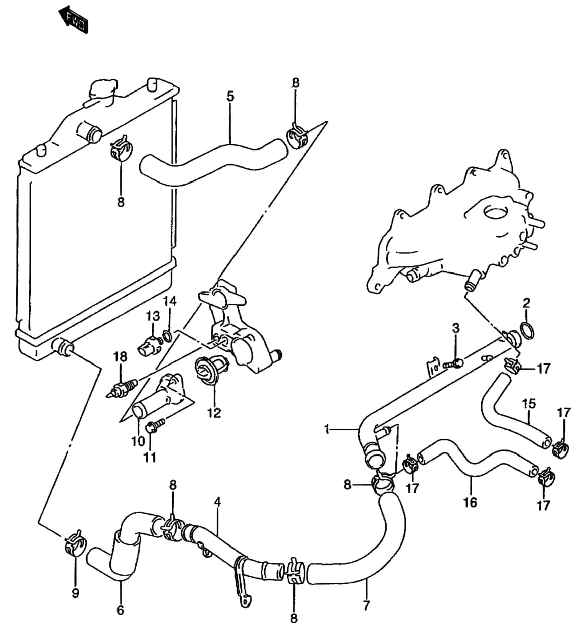 SW413 (MY 1996) — Cooling › 32 - WATER HOSE (MT:95, 96, 97 MODEL)