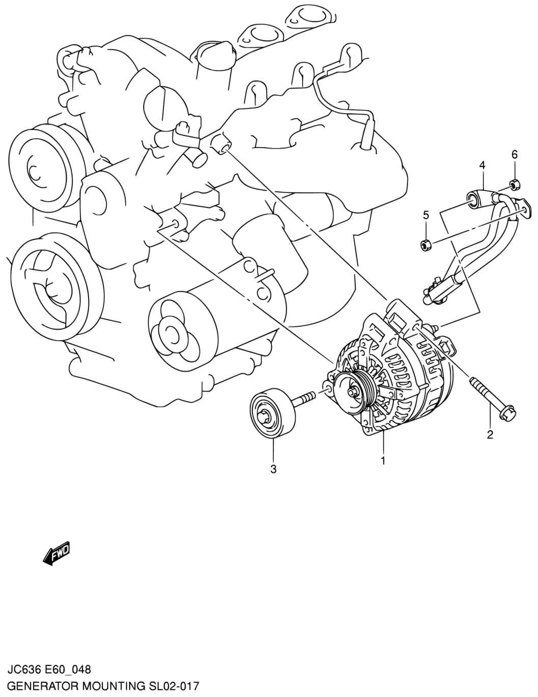 JC636 (E10,E49,E60,E62,E63,E71:MY 2007) — Engine Electrical › 48 - GENERATOR MOUNTING