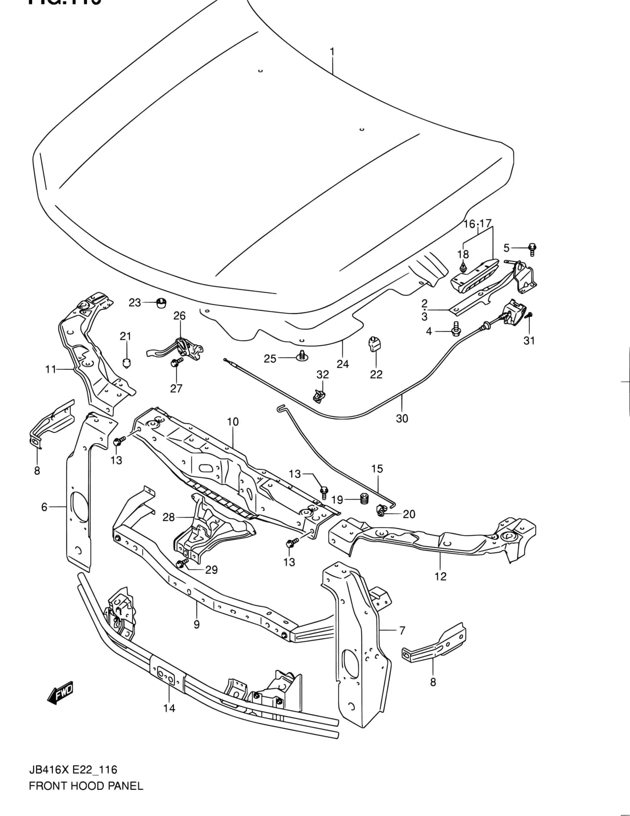 JB416X-2 (E02,E09,E10,E22,E24,E30,E43,E53,E54,E85,E96) — Body › 116 - FRONT HOOD PANEL