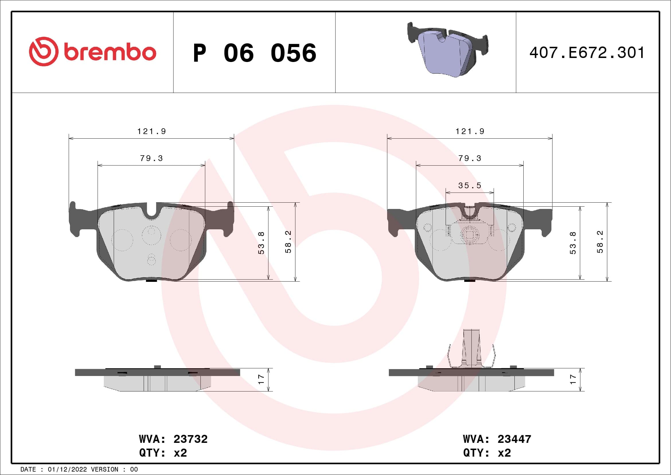 Stabdžių kaladėlių komplektas — BREMBO P 06 056