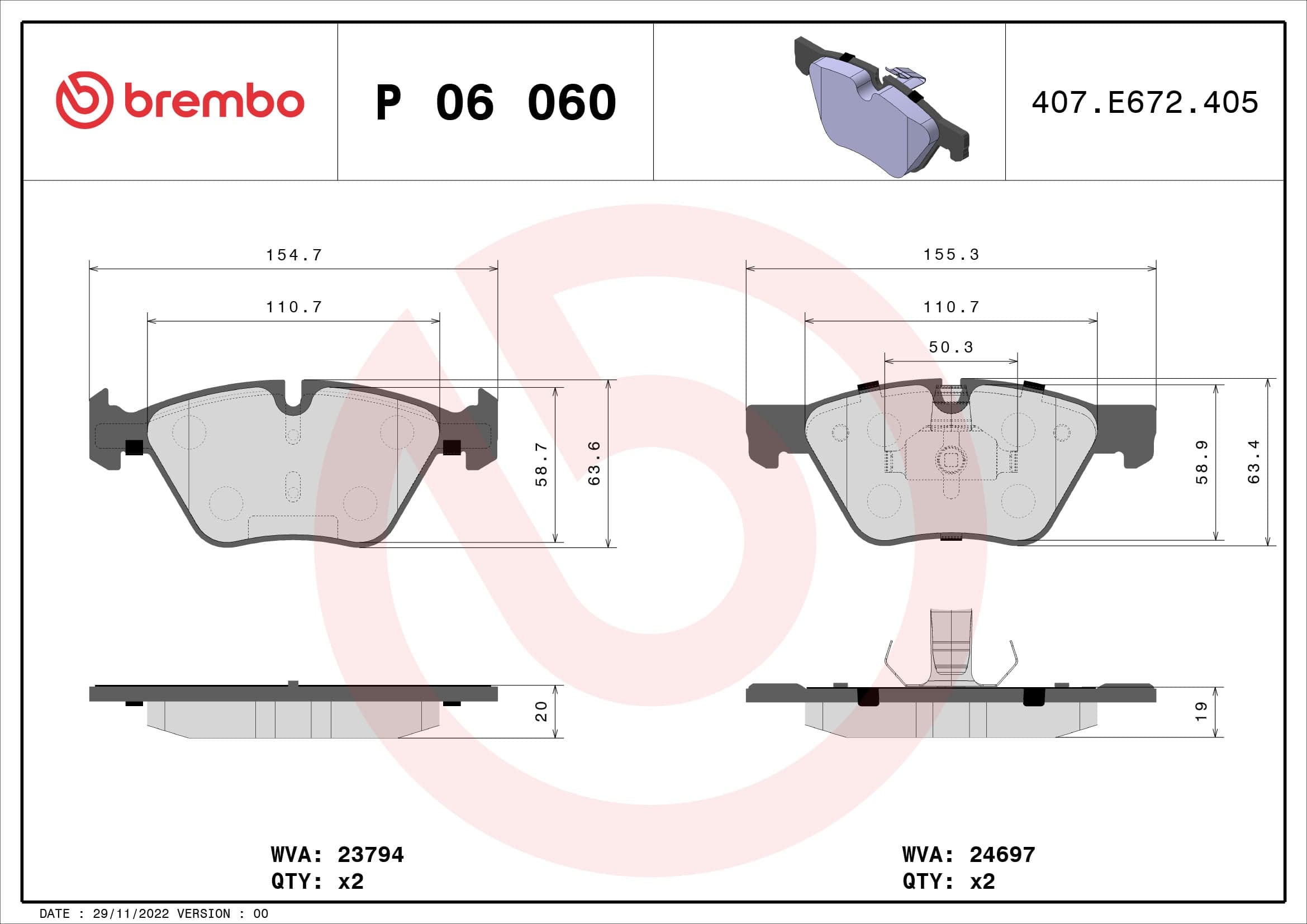 Stabdžių kaladėlių komplektas — BREMBO P 06 060