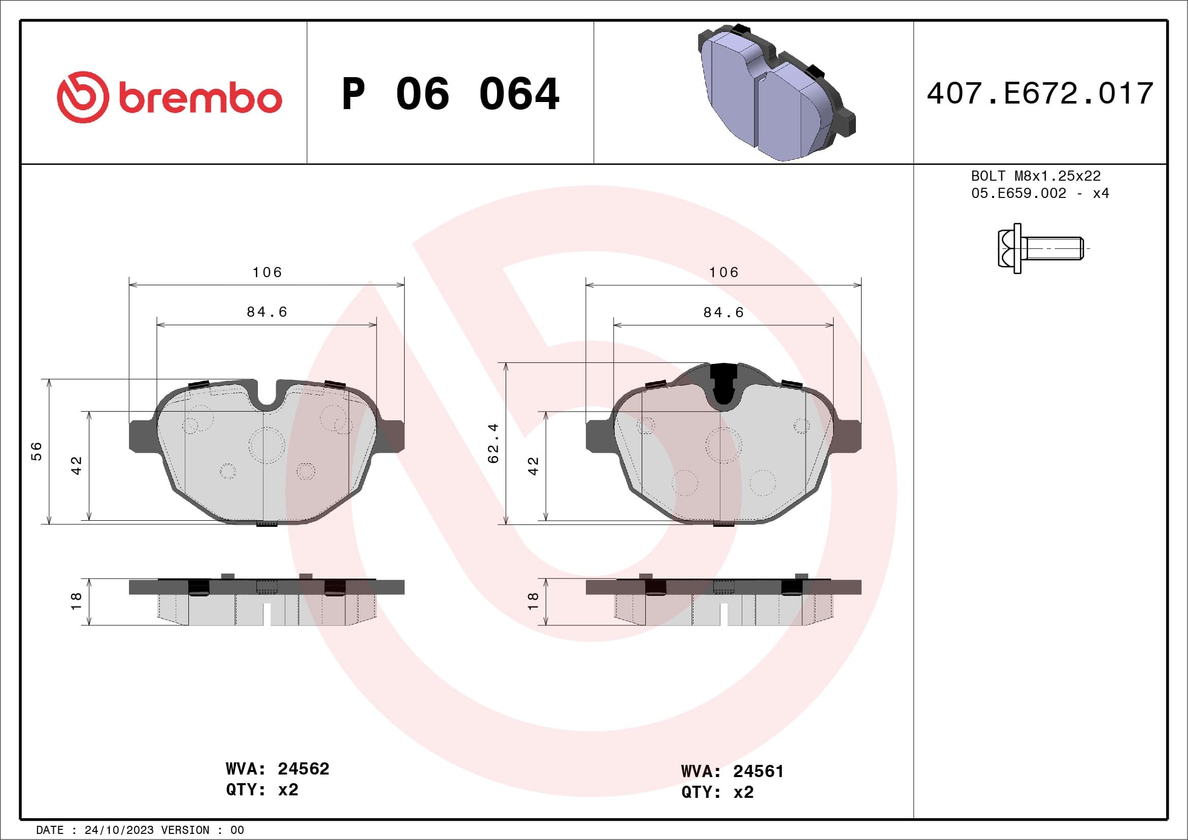 Stabdžių kaladėlių komplektas — BREMBO P 06 064