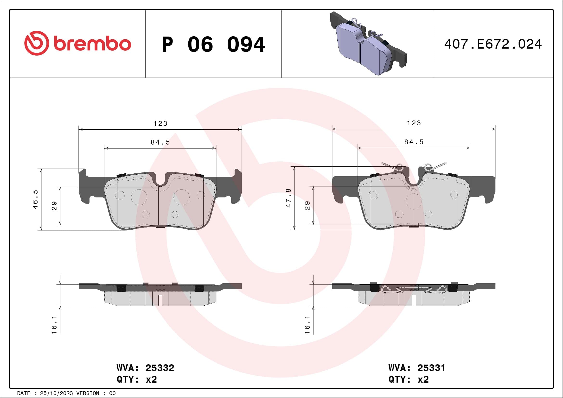 Stabdžių kaladėlių komplektas — BREMBO P 06 094