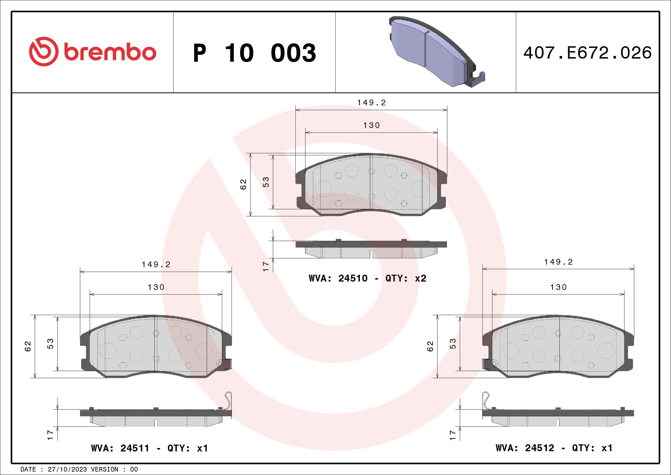 Stabdžių kaladėlių komplektas — BREMBO P 10 003