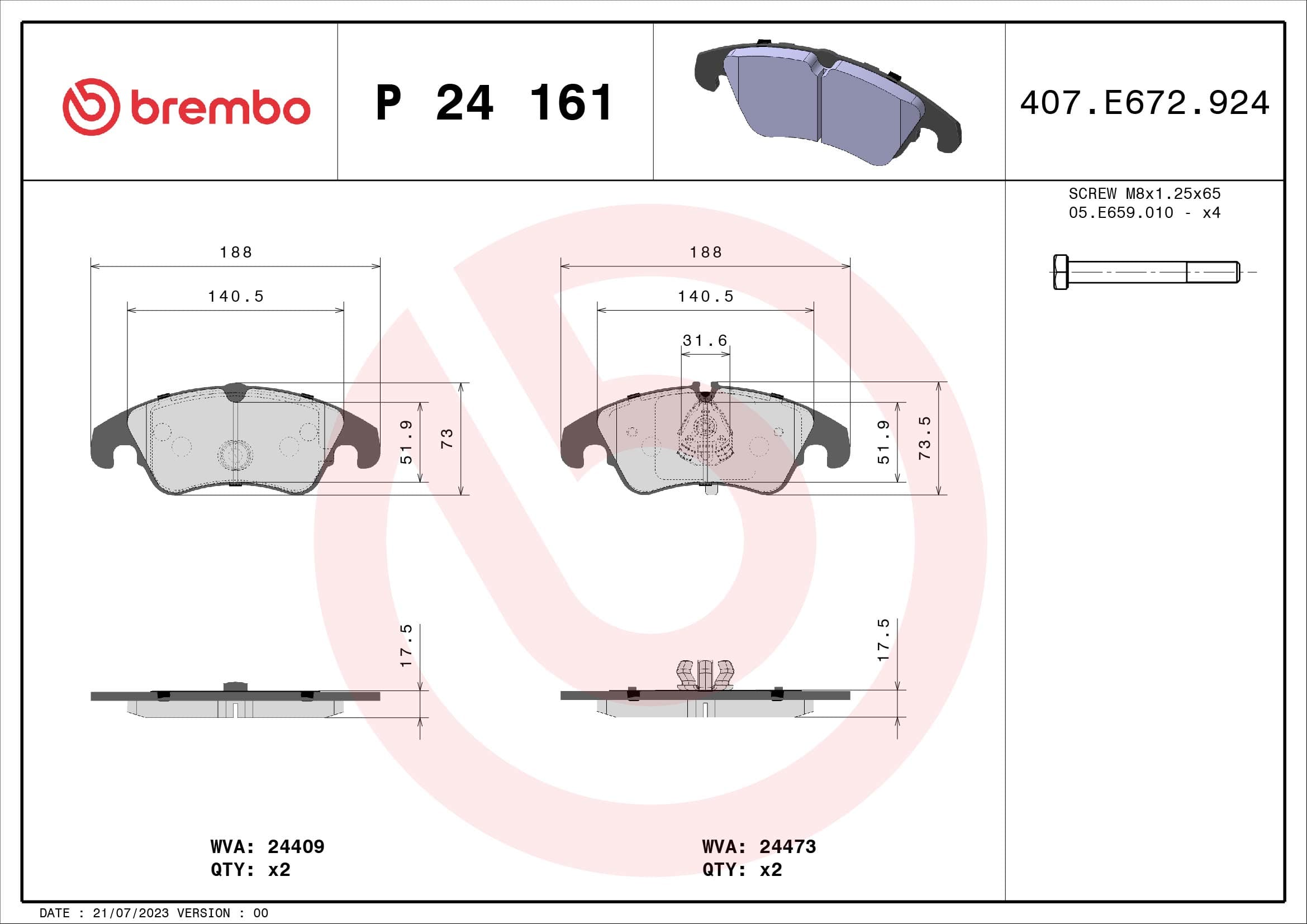 Stabdžių kaladėlių komplektas — BREMBO P 24 161