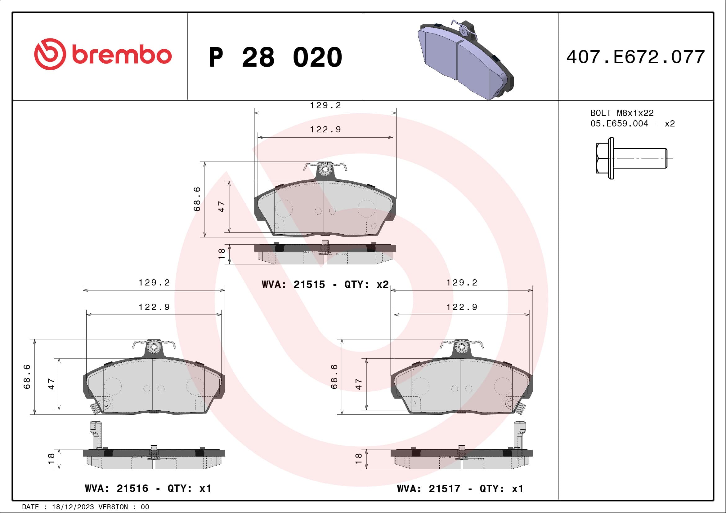 Stabdžių kaladėlių komplektas — BREMBO P 28 020