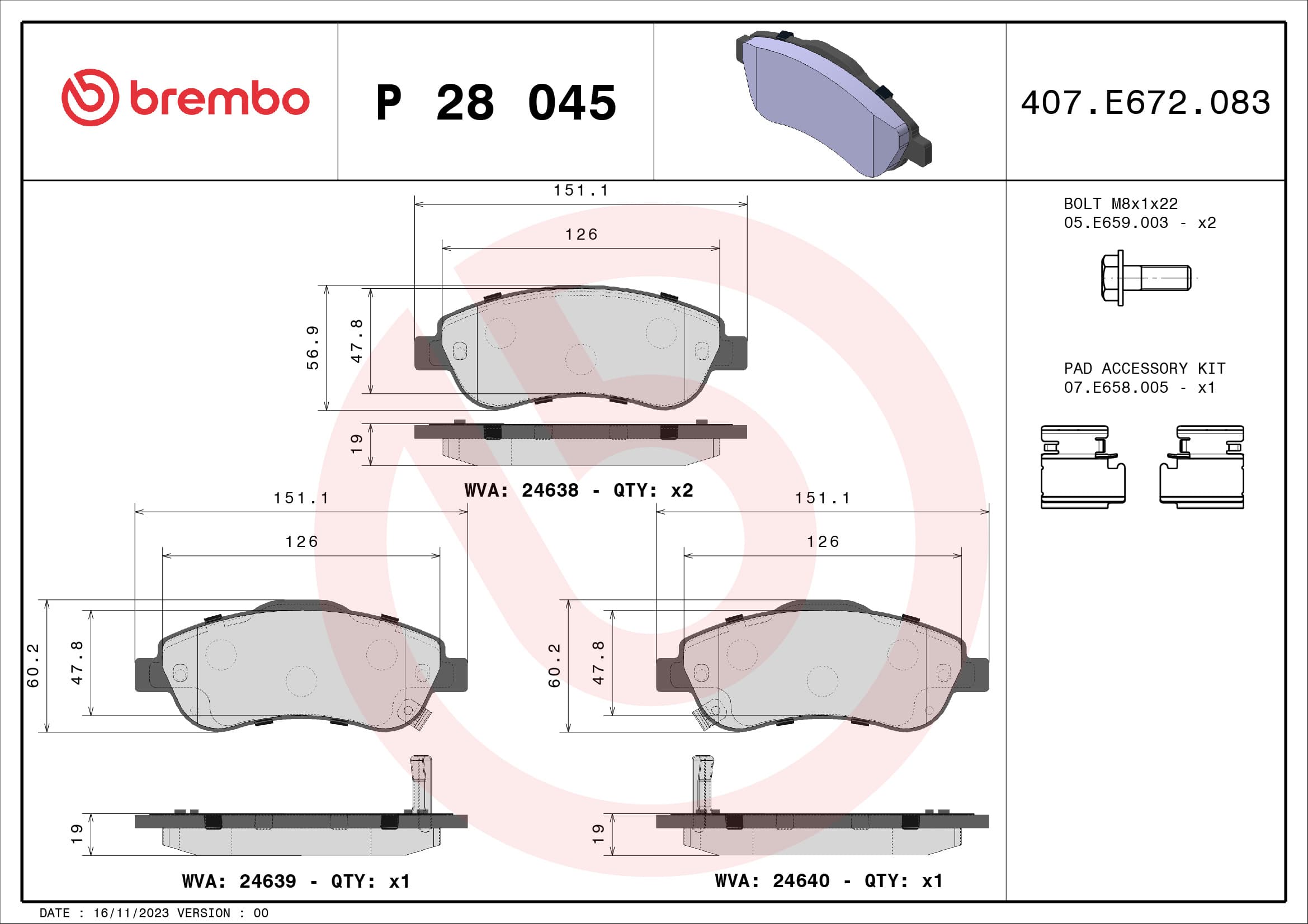 Stabdžių kaladėlių komplektas — BREMBO P 28 045