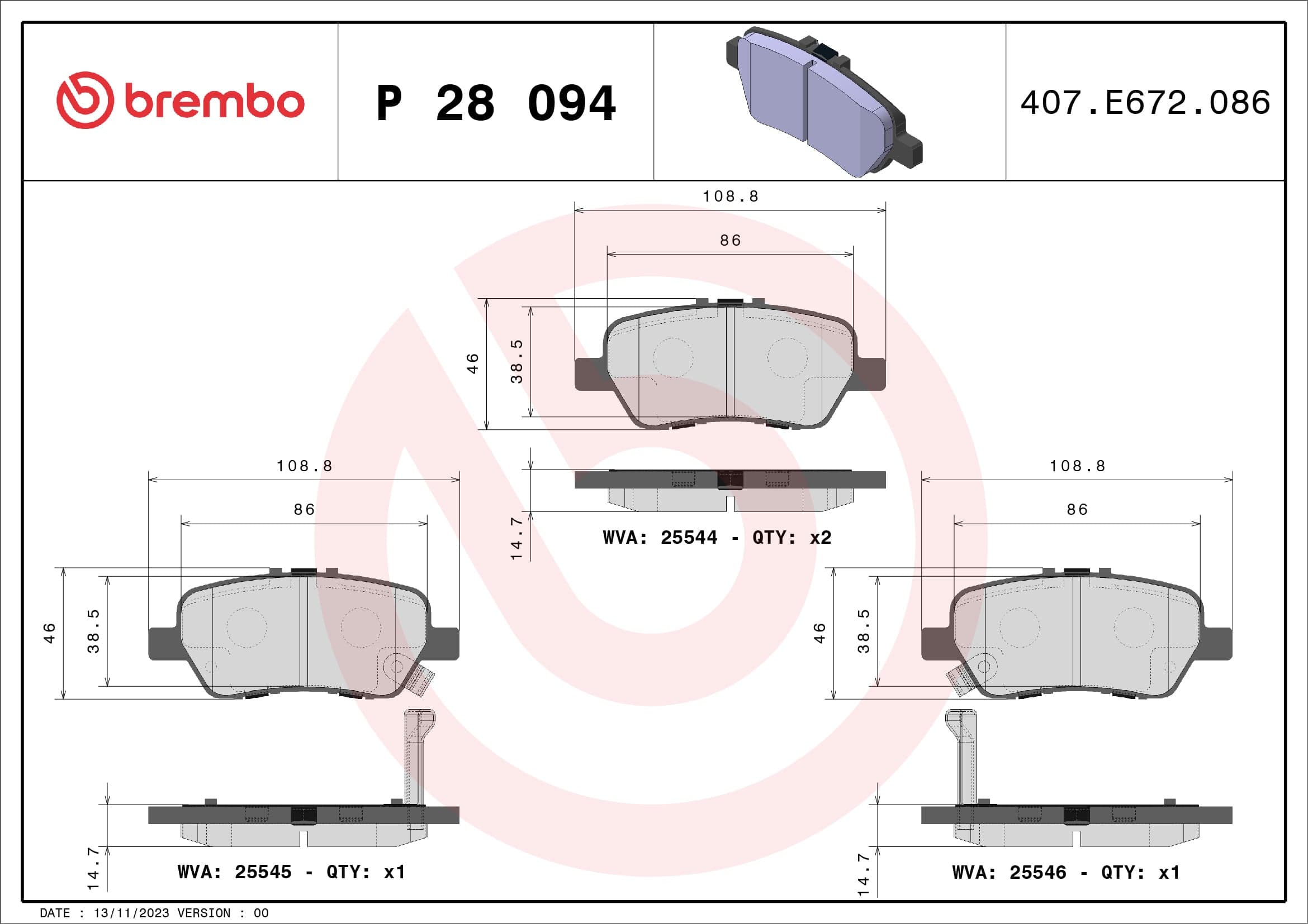 BREMBO P 28 094 Stabdžių kaladėlių komplektas