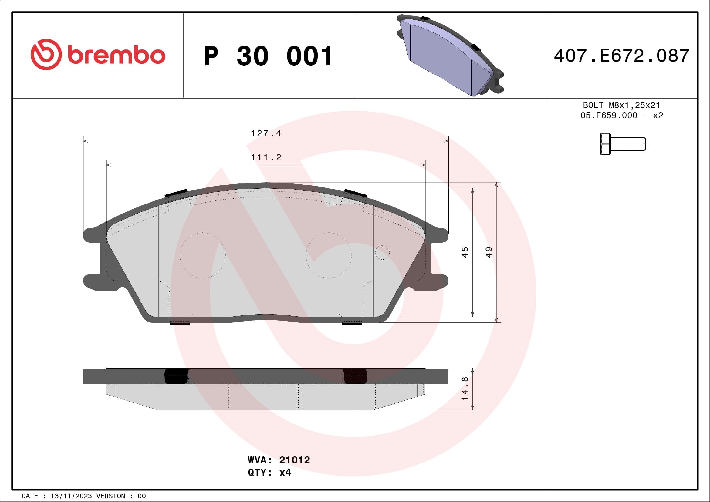 Stabdžių kaladėlių komplektas — BREMBO P 30 001
