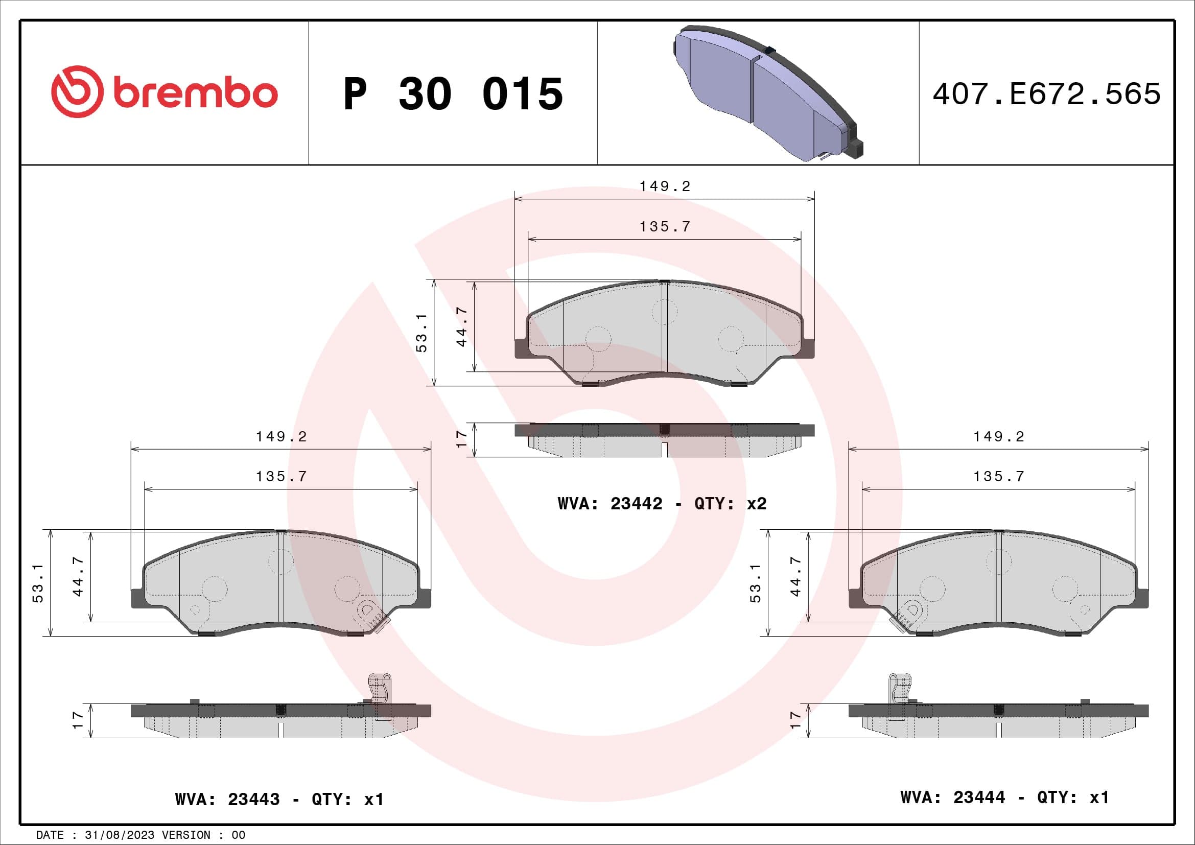 Stabdžių kaladėlių komplektas — BREMBO P 30 015