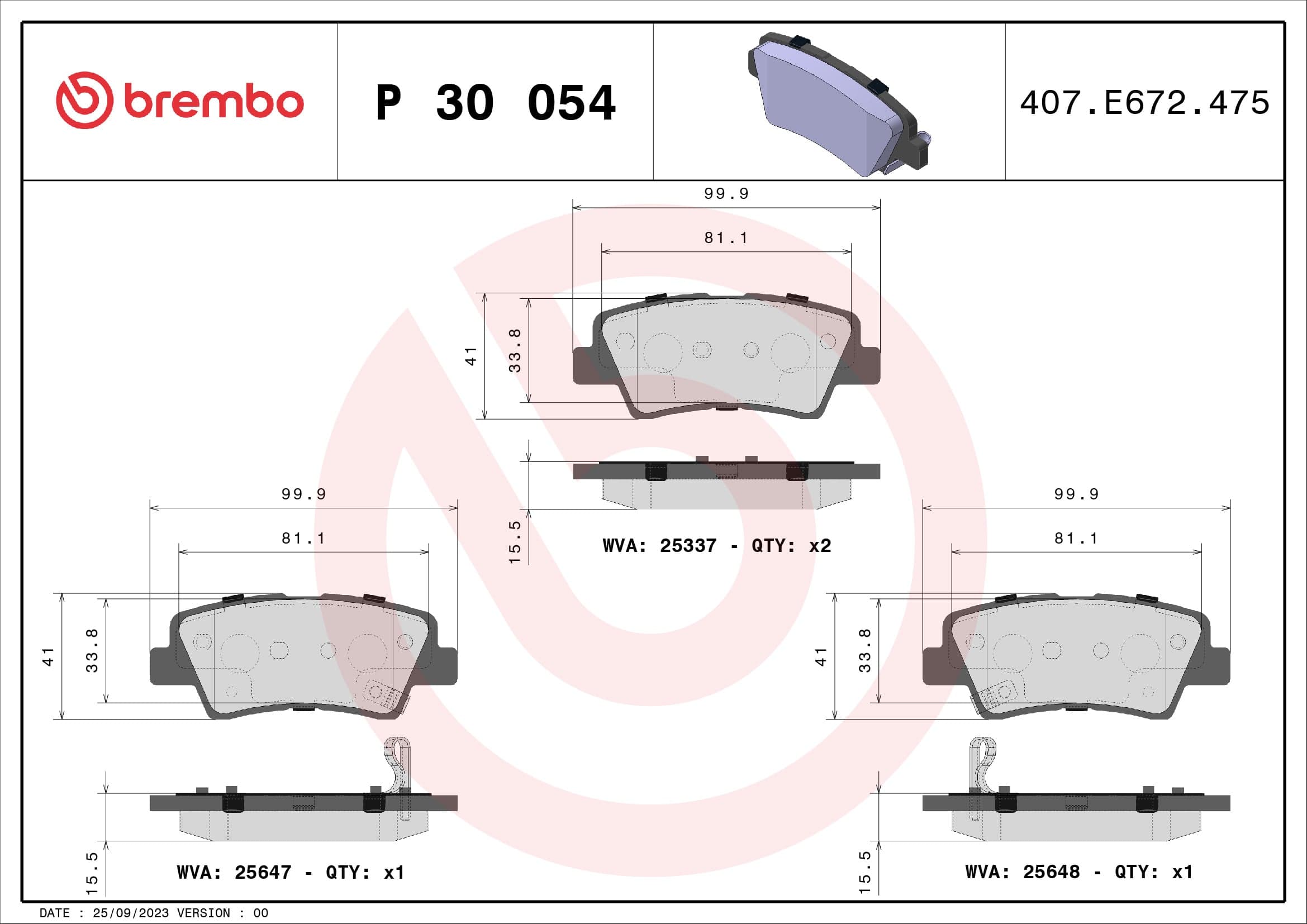 BREMBO P 30 054 Stabdžių kaladėlių komplektas