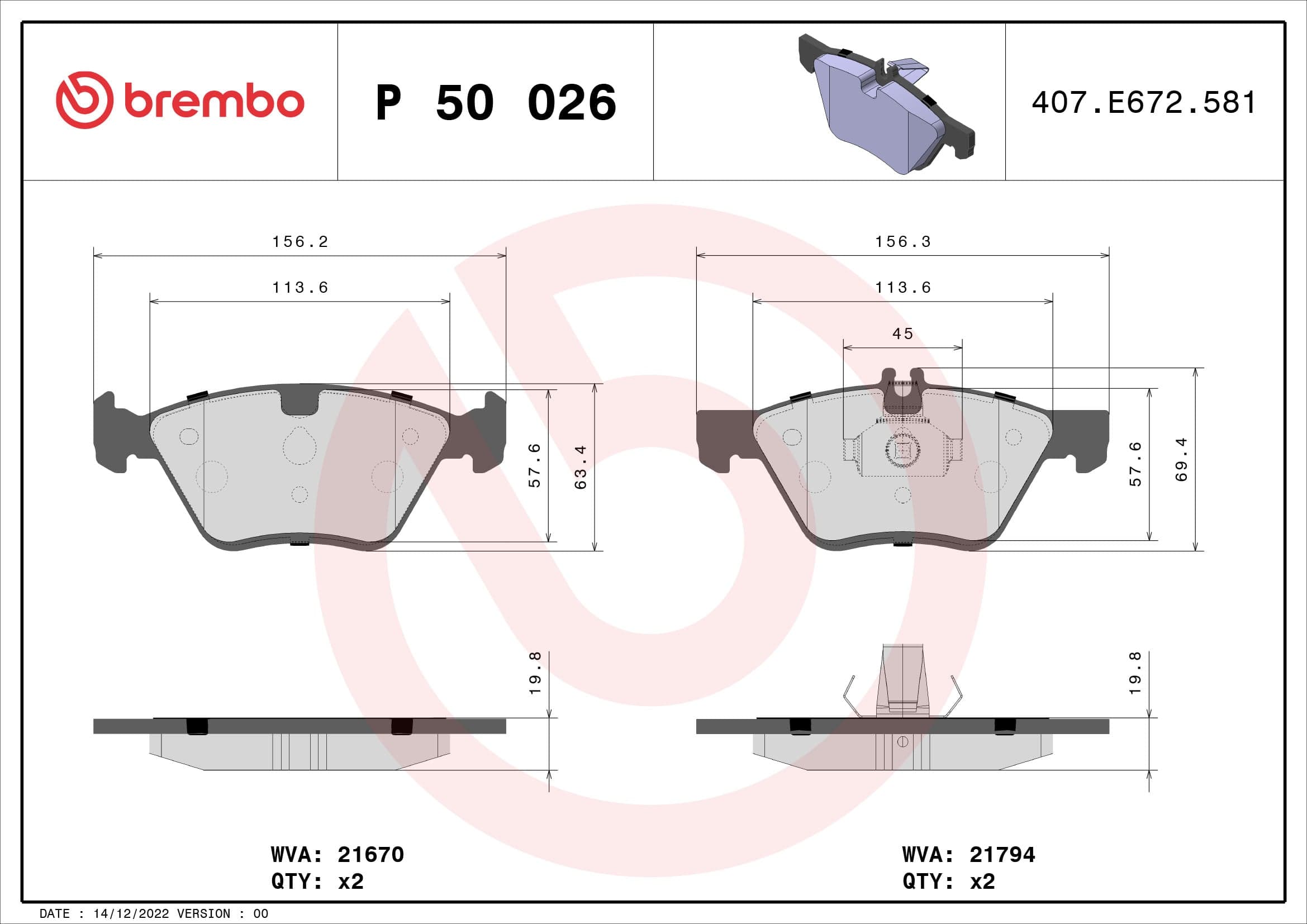 Stabdžių kaladėlių komplektas — BREMBO P 50 026