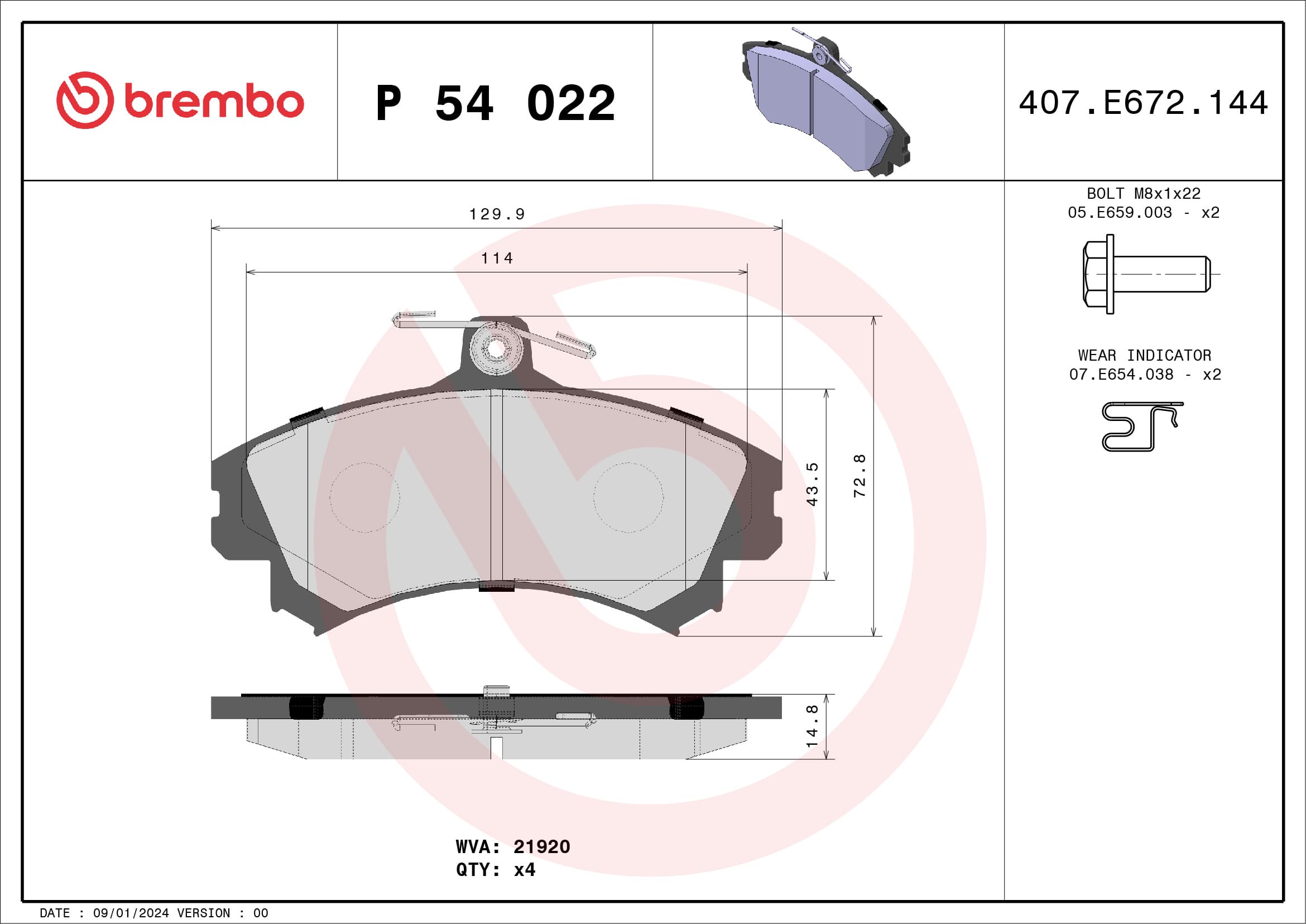 Stabdžių kaladėlių komplektas — BREMBO P 54 022