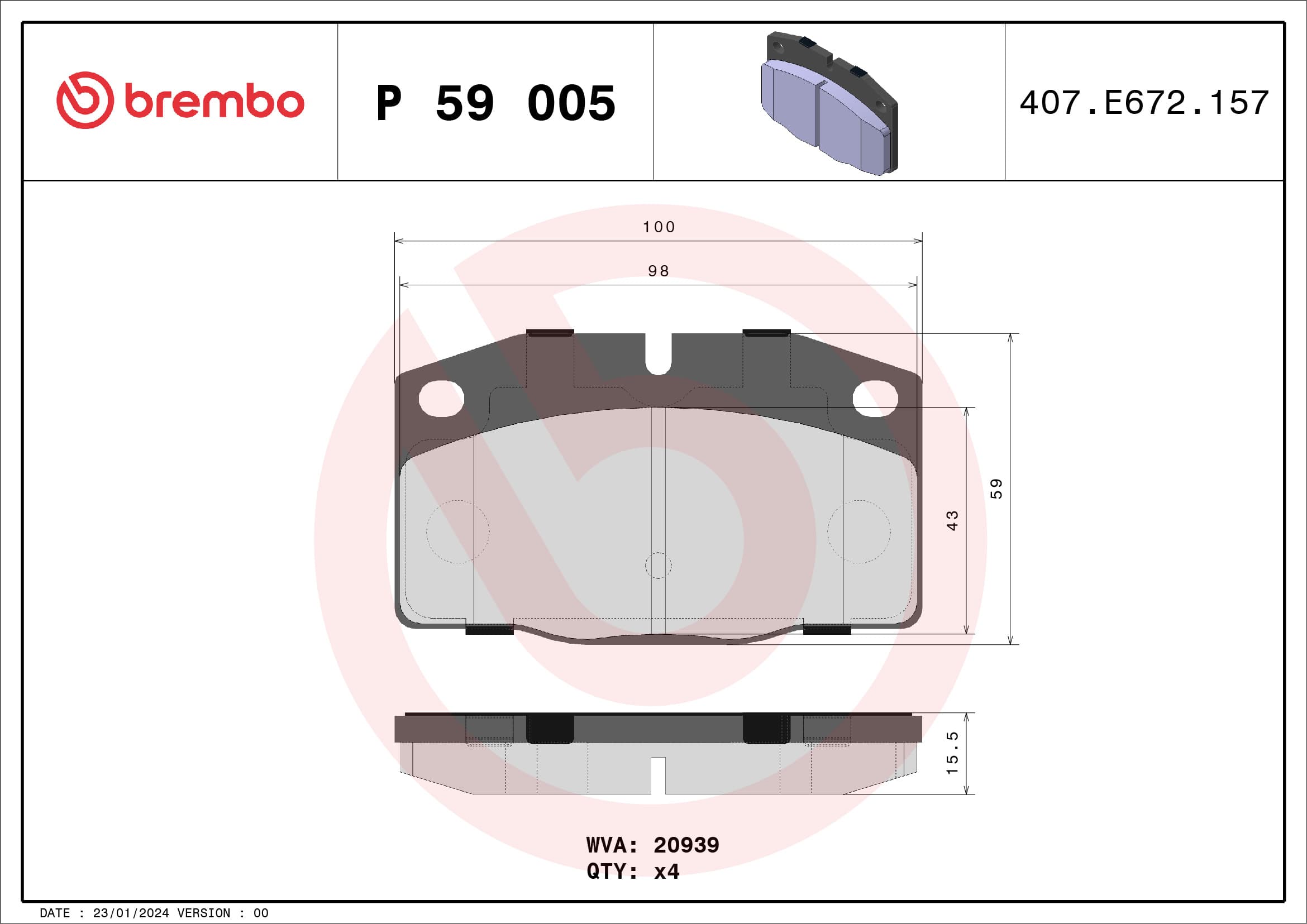 BREMBO P 59 005 Stabdžių kaladėlių komplektas