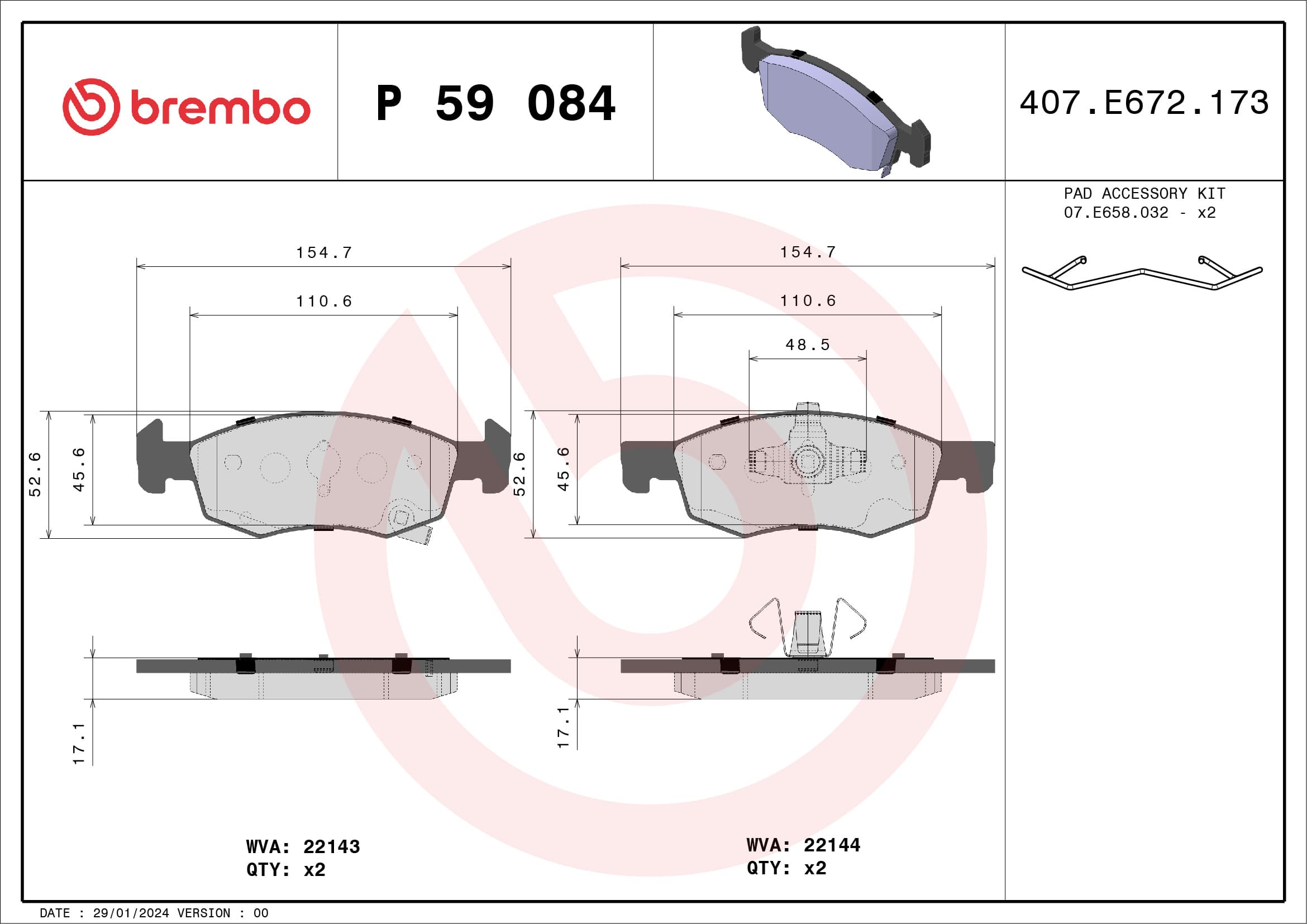 Stabdžių kaladėlių komplektas — BREMBO P 59 084