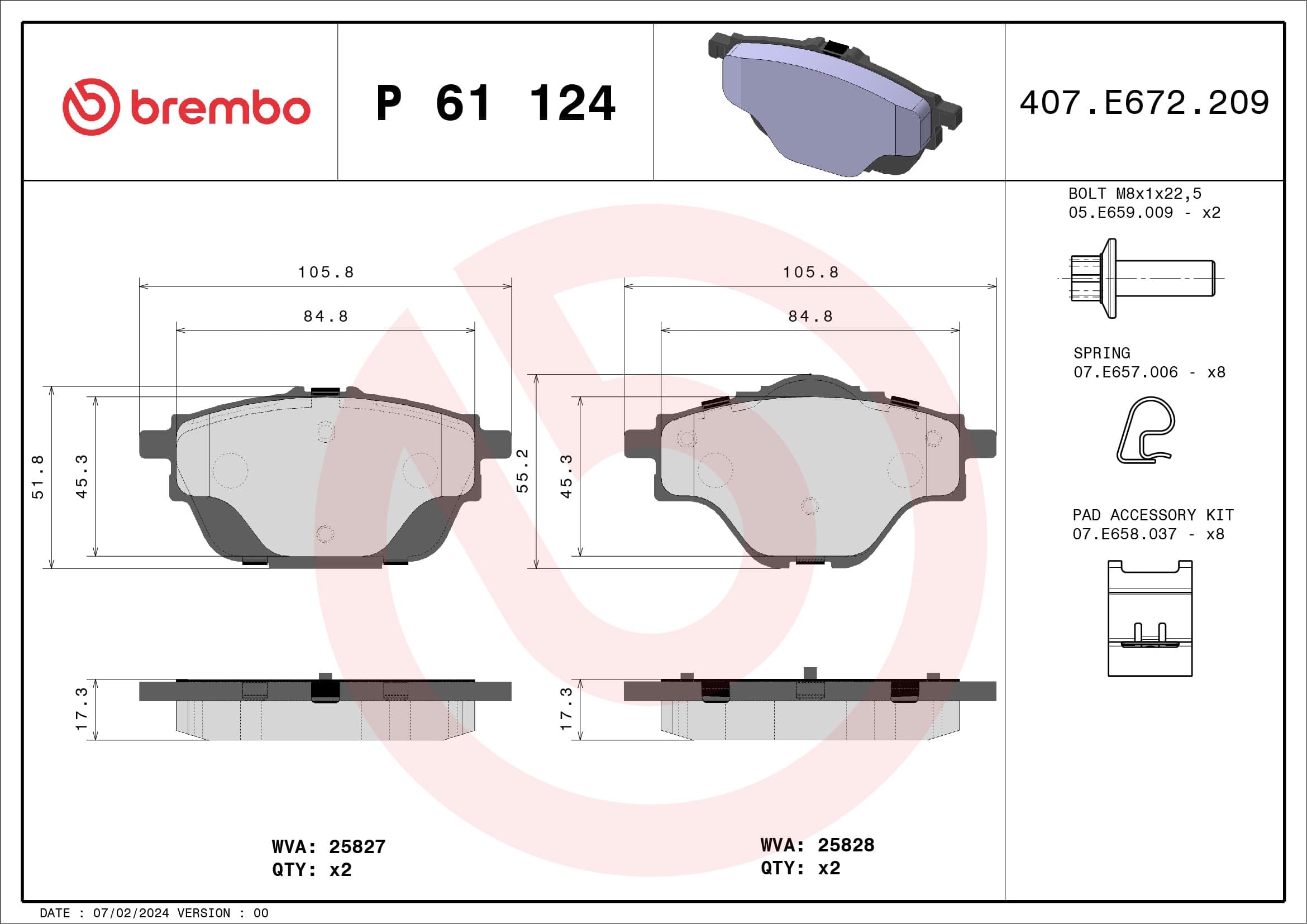 Stabdžių kaladėlių komplektas — BREMBO P 61 124
