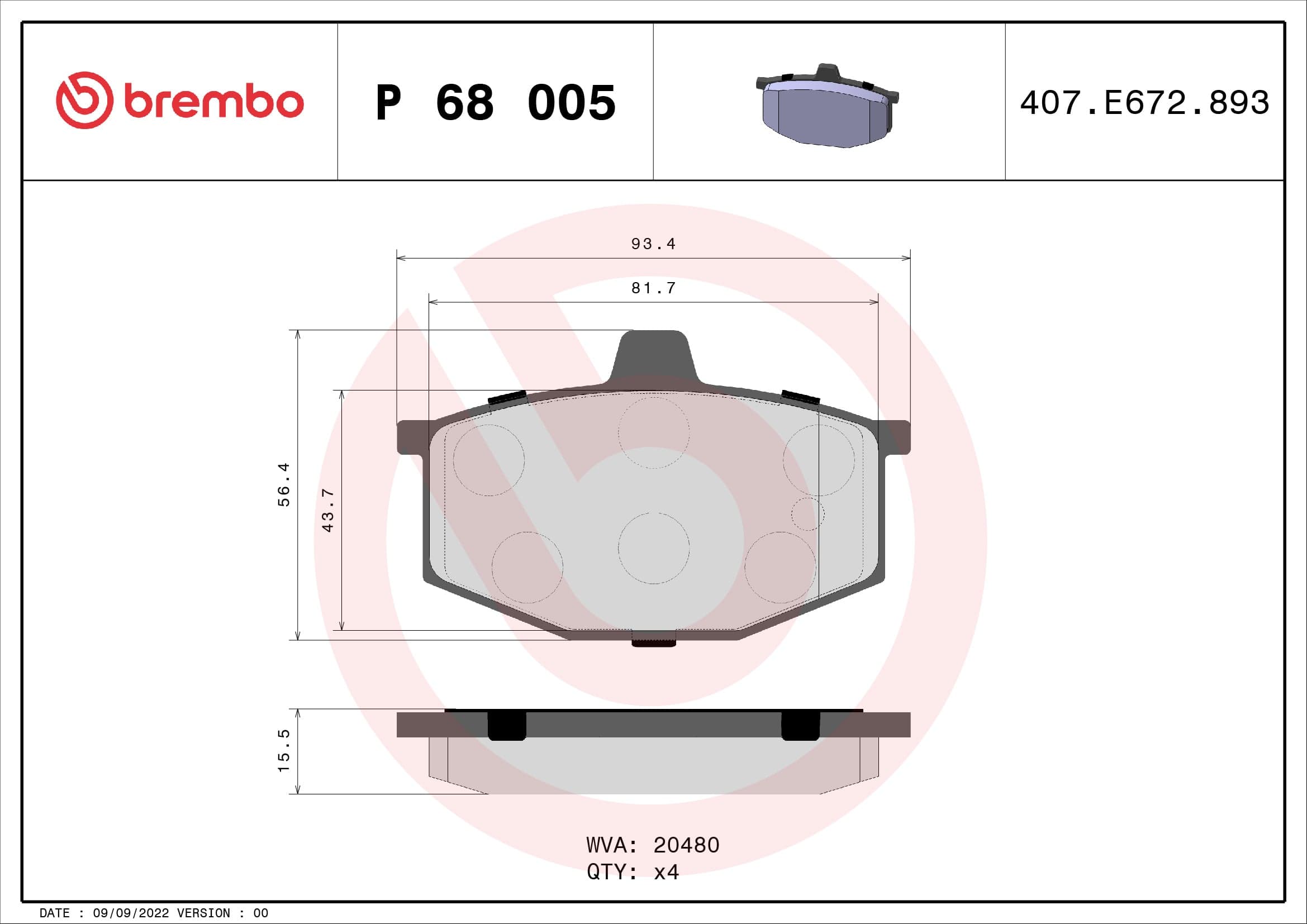 BREMBO P 68 005 Stabdžių kaladėlių komplektas