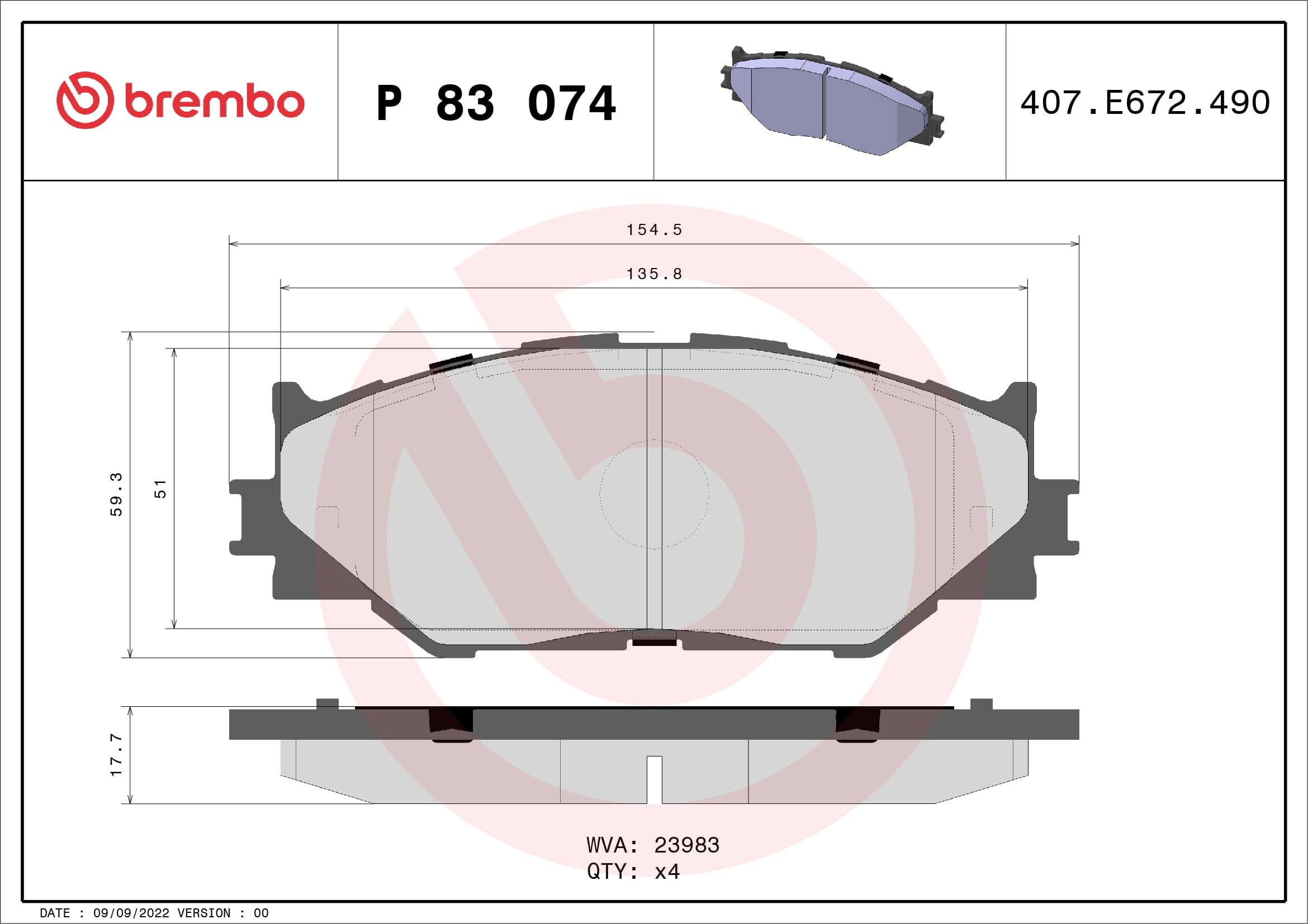 Stabdžių kaladėlių komplektas — BREMBO P 83 074