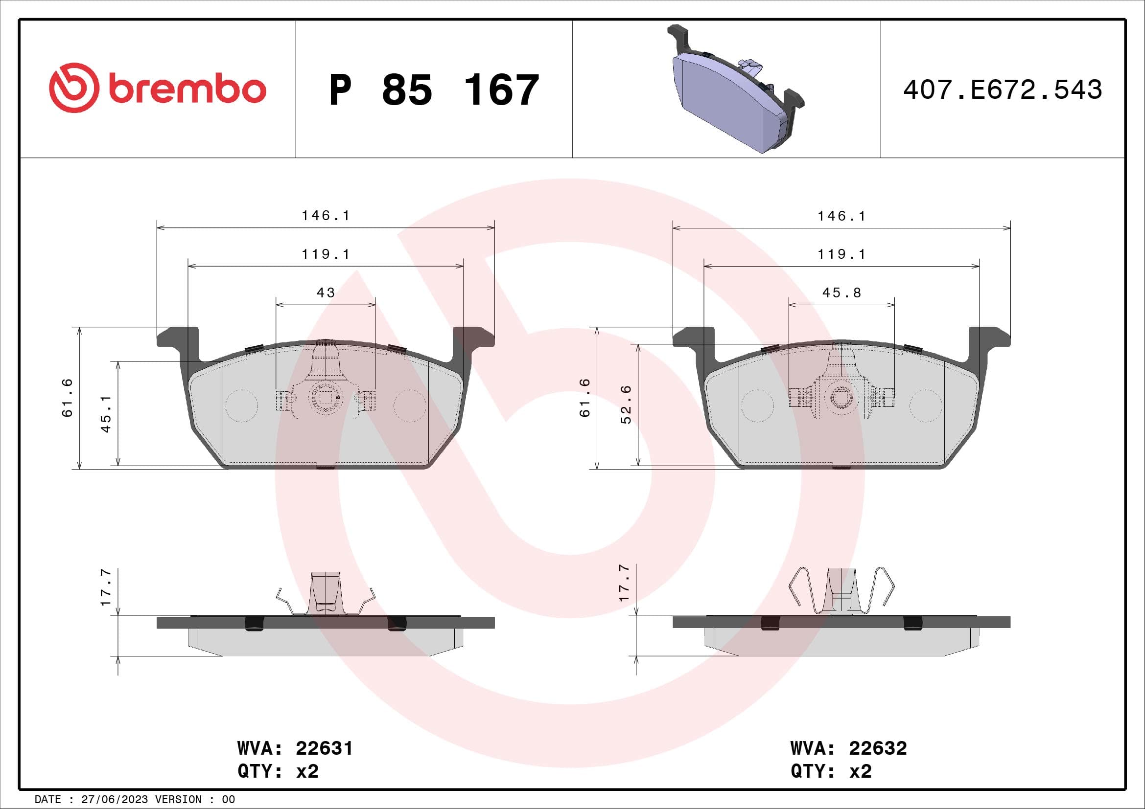 Stabdžių kaladėlių komplektas — BREMBO P 85 167