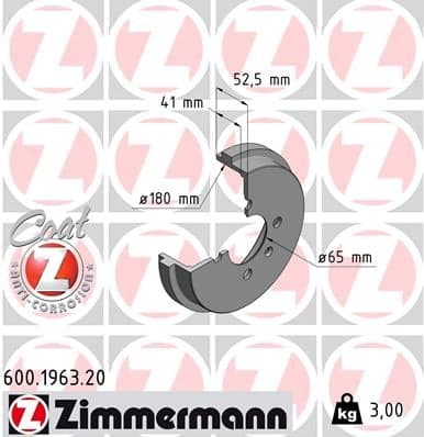 ZIMMERMANN 600.1963.20 Stabdžių būgnas