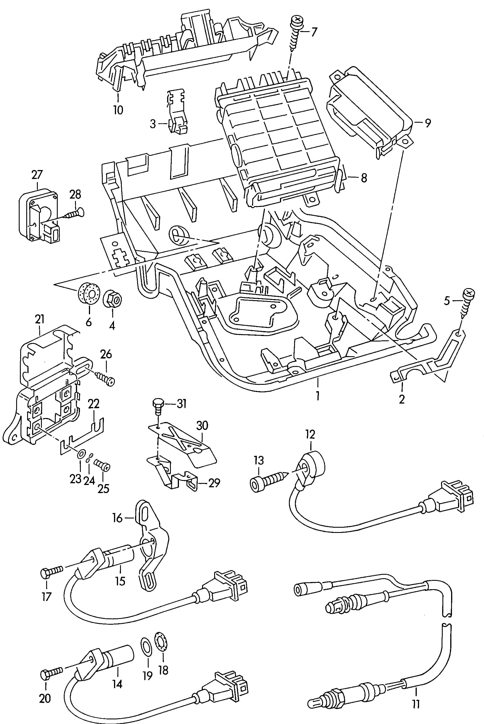Lambda probe For vehicles without catalytic converter — A6 A6/Avant C4 (Typ 4A) (1995–1996) — Engine control unit Lambda probe Knock sensor Fuse socket