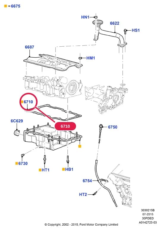 Gasket - Oil Pan; Flat Style Gasket With Bolt Holes; If Oil Pan Has Been Replaced With Updated Pan, Use 3W4Z-6710-DA Worm Style Gasket; RHD Maverick 2002-2006 — 3 Powertrain — 30302 Powertrain.Engine Lubrication › 3030215B Oil Pan/Oil Level Indicator