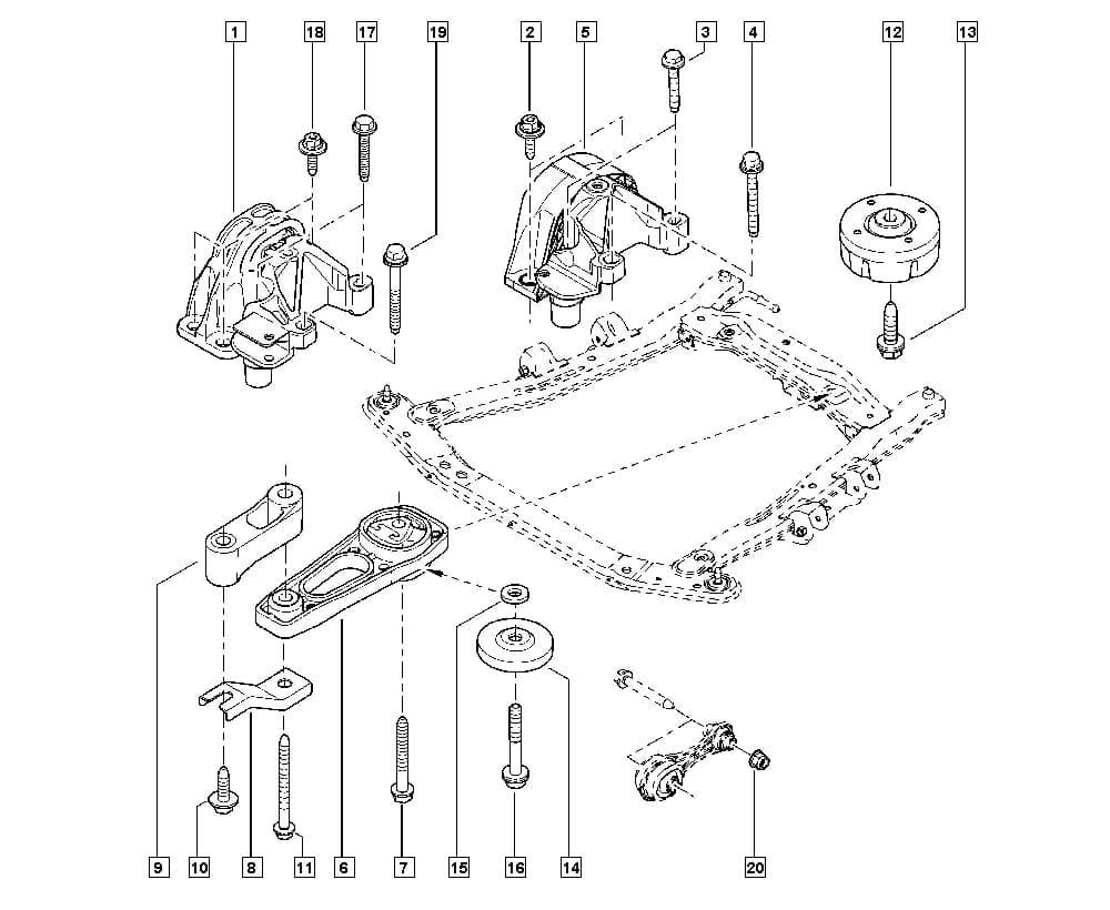 NFAB = E, Vehicle fabrication number < 131025, Additional to Limited Edition = ENPU02 — HSA5 — Manual › 19 Cooling system - Reservoirs - Exhaust system - Engine mounting / Engine mounting